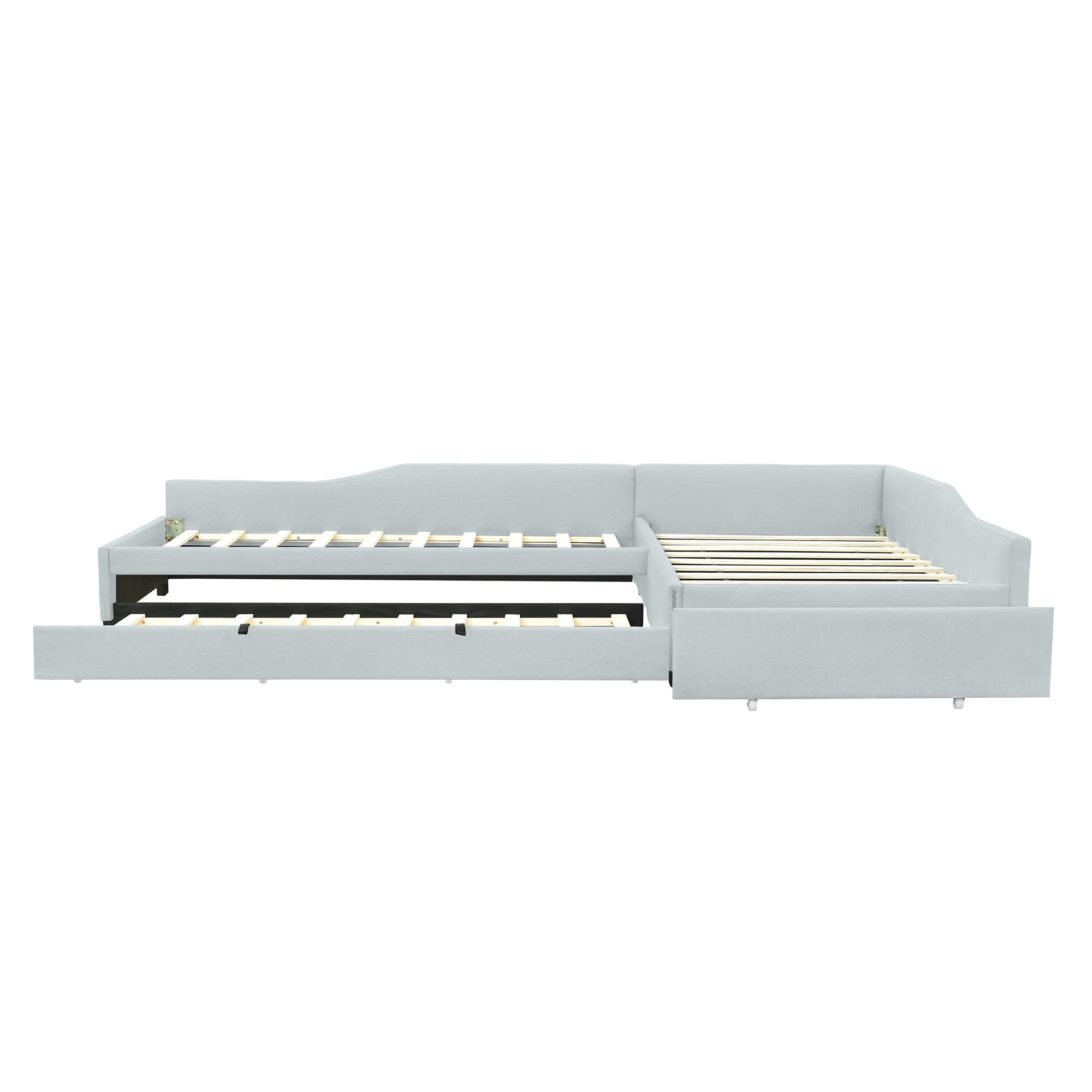 Euroco Modern Upholstered L-Shaped Twin Daybed with Drawer and Trundle, Three Beds in One for Kids, Beige