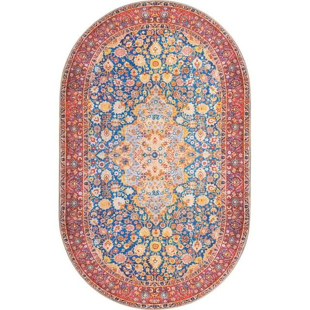 Unique Loom Revival Floral Border Rug 5' x 8' Oval Navy Blue/Red
