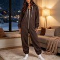 thumbnail image 4 of Women's Fleece Lined Hooded Jumpsuit Long Sleeve Zip Up One Piece Tracksuit Loose Fit Soft Warm Cozy Fall Winter Loungewear Y2K Streetwear with Pockets Brown, 4 of 7