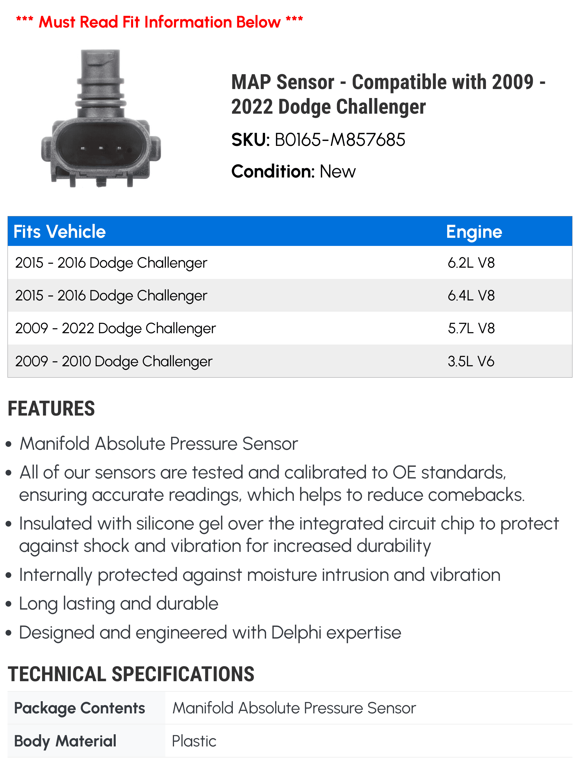 MAP Sensor - Compatible with 2009 - 2022 Dodge Challenger 2010 2011 2012 2013 2014 2015 2016 2017 2018 2019 2020 2021