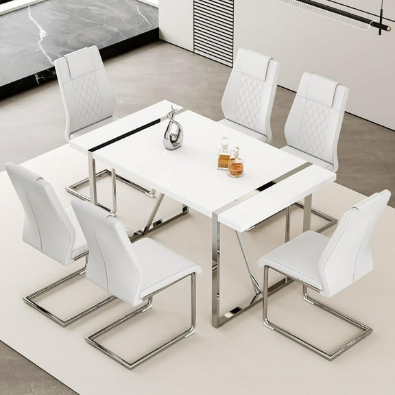 JUFU 7-Piece 55'' White Dining Set with Silver Metal Frame and Upholstered Chairs
