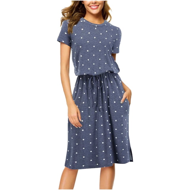 TSADFHJI Jupe en Laine Maxi Femme Col Rond Taille Ajustable Mi-Longueur Robe à Poche à Pois S Marine