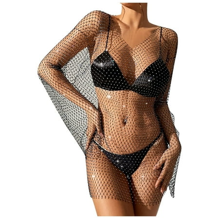 BYHONG Women s Rhinestone Lingerie Robe Sheer Checkered Chemise Dress for Ladies Underwear Women Black L