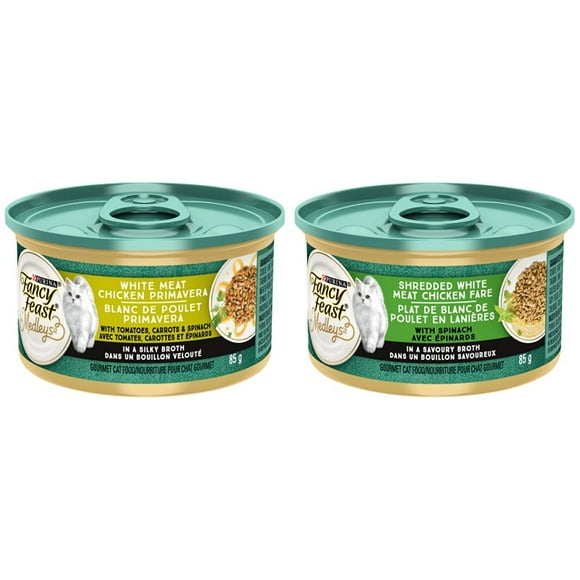 Fancy Feast Medleys White Meat Chicken Primavera and Shredded Chicken Fare Wet Cat Food Bundle (48 Cans, 4.08 kg)