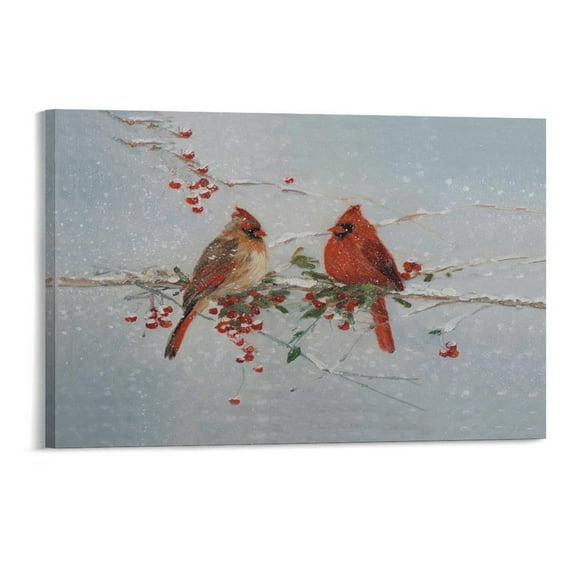Red Cardinals in Winter Birds Abstract Canvas Prints Wall Art，Winter Scene Decor Wooden Framed for Living Room Bedroom Office 12×8 inch