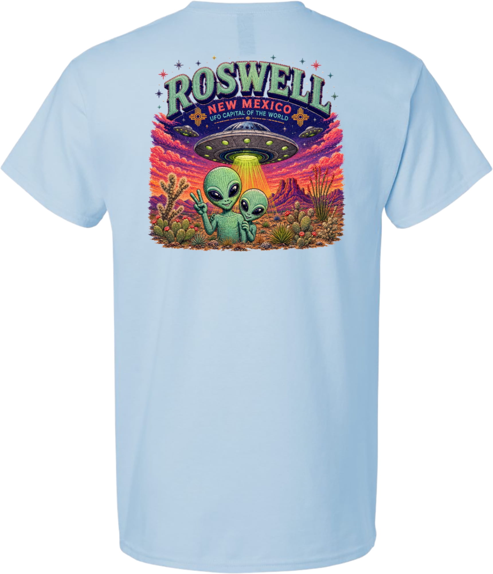 Roswell Faux Embroidery Graphic Print Front and Back Short Sleeve T-Shirt