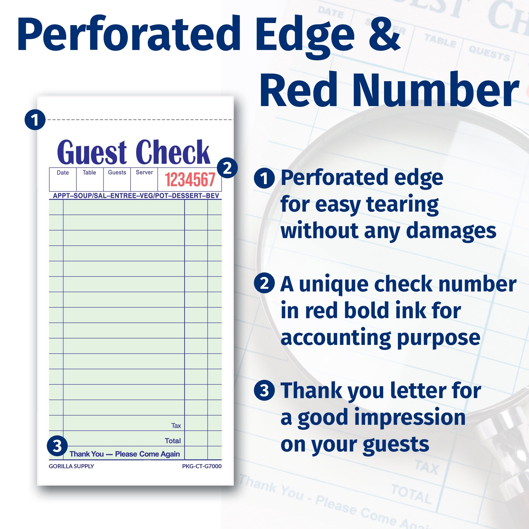 [2500] Gorilla Supply Guest Check Book 3.4" x 6.73" Server Notepads Order Pad for Waiter and Waitress, Carbonless 2-ply Perforated Checks, Green, 2500 (5 pkg x 50 Sets x 10 Books)