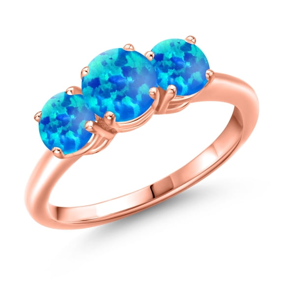 Gem Stone King 18K Rose Gold Plated Silver Simulated Blue Opal Engagement Ring for Women | 0.84 Cttw | Round Cabochon 6MM | Gemstone October Birthstone | Size 9