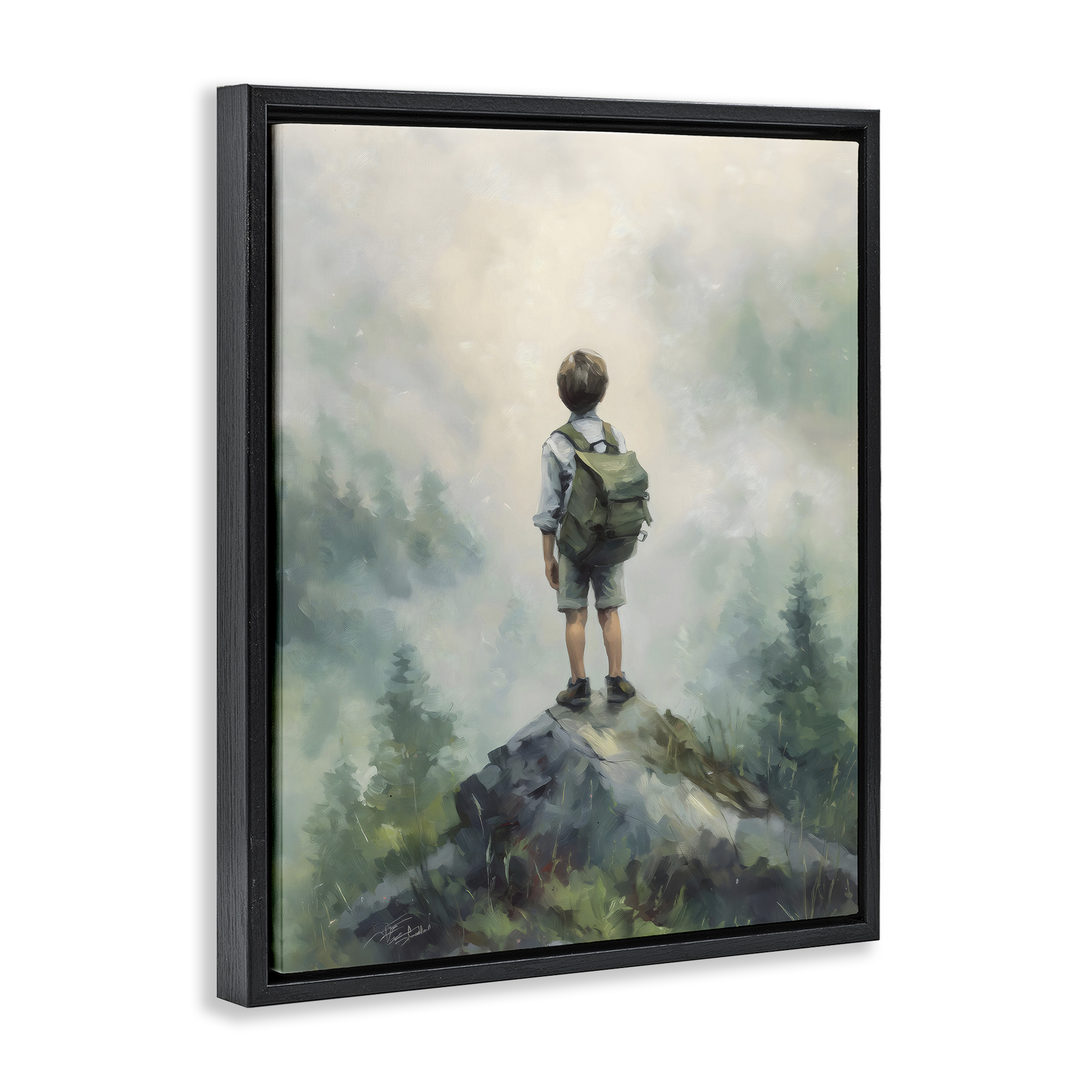 Boy Adventurer Atop Mountain Black Framed Floater Canvas Wall Art, design by Arlington Prints