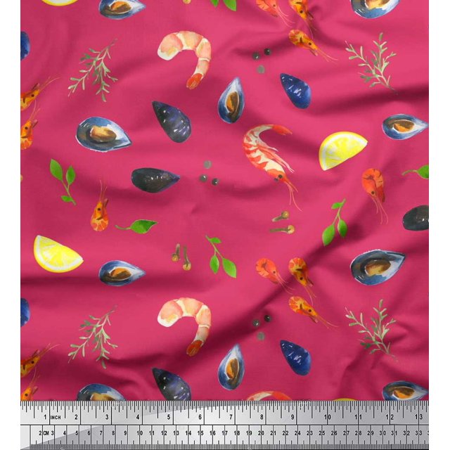 Soimoi polyester Crepe Fabric Gemstone,Lemon Slice & Prawns Food Printed Craft Fabric by the Yard 52 Inch Wide