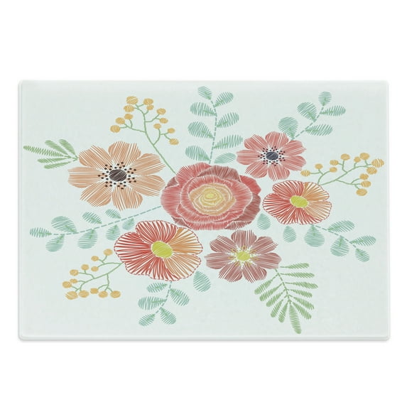 Floral Cutting Board, Vintage Traditional Style Hand Drawn Flowers and Leaves Composition in Pastel Tones, Decorative Tempered Glass Cutting and Serving Board, in 3 Sizes, by Ambesonne