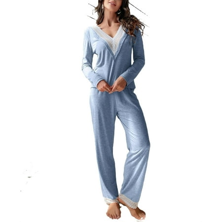 

Casual V neck Pant Sets Long Sleeve Baby Blue Womens Pajama Sets (Women s)