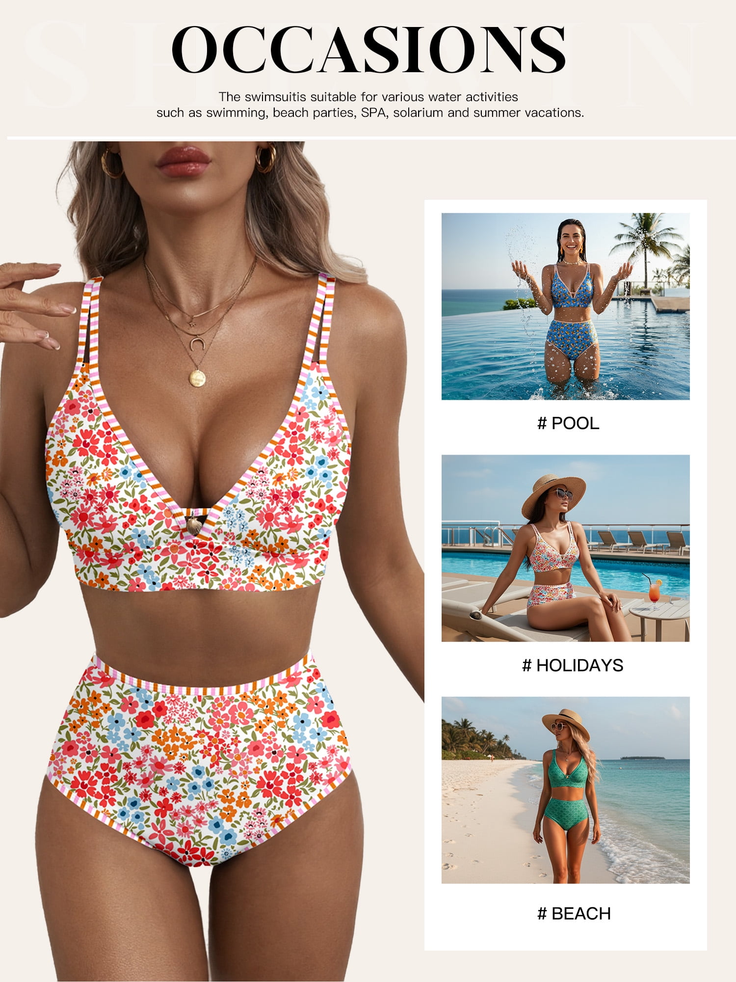SHEWIN Womens Swimsuits Sets Bikinis Sets 2 Piece Tummy Control Bathing Suits High Waisted Swimwear Floral Swimming Suits Push Up Beach Vacation Outfits Mixed Floral L