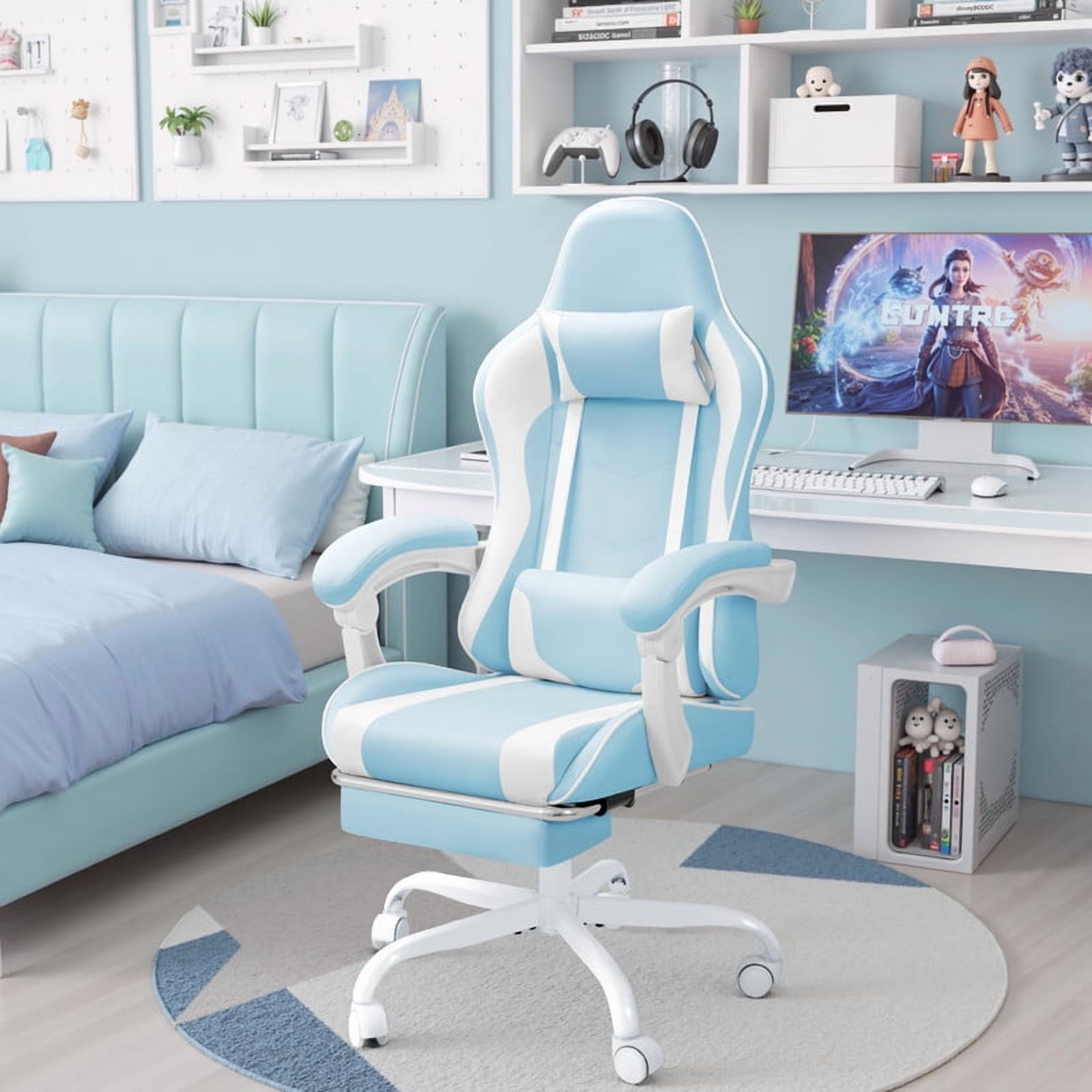 Homall  PU Leather Gaming Chair Massage Ergonomic Gamer Chair Height Adjustable Computer Chair with Footrest & Lumbar Support, Blue