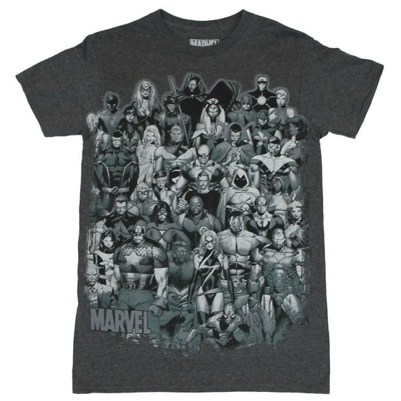 Marvel Comics Mens T-Shirt - Giant Cast of Marvel Heroes In Grayscale Image (Small)