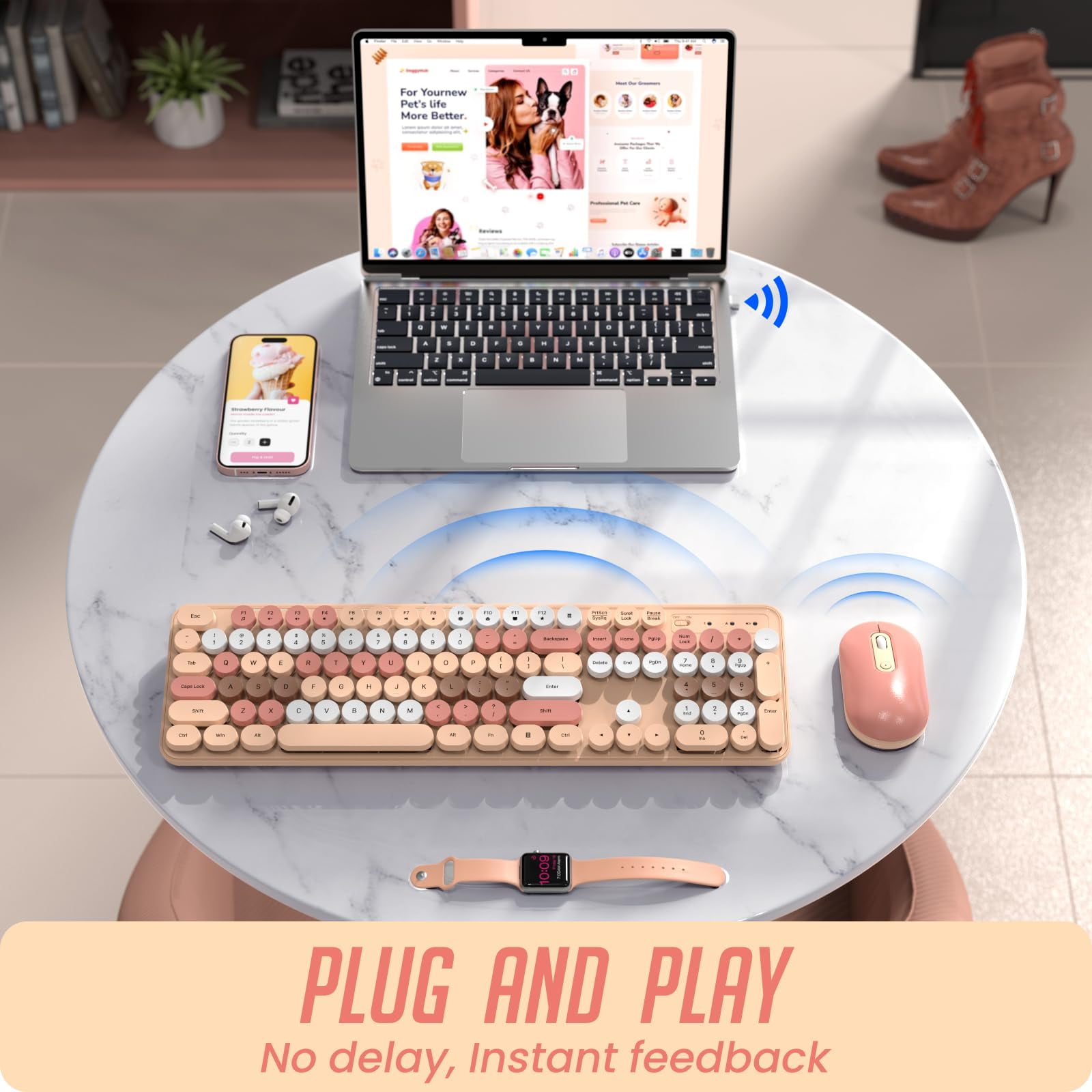 Wireless Keyboard and Mouse - Silent Keyboard Mouse Combo, Full Size Color Typewriter Keyboard with Round Keycaps, 2.4G Cute Mouse, Compatible with PC/Laptop/Computer
