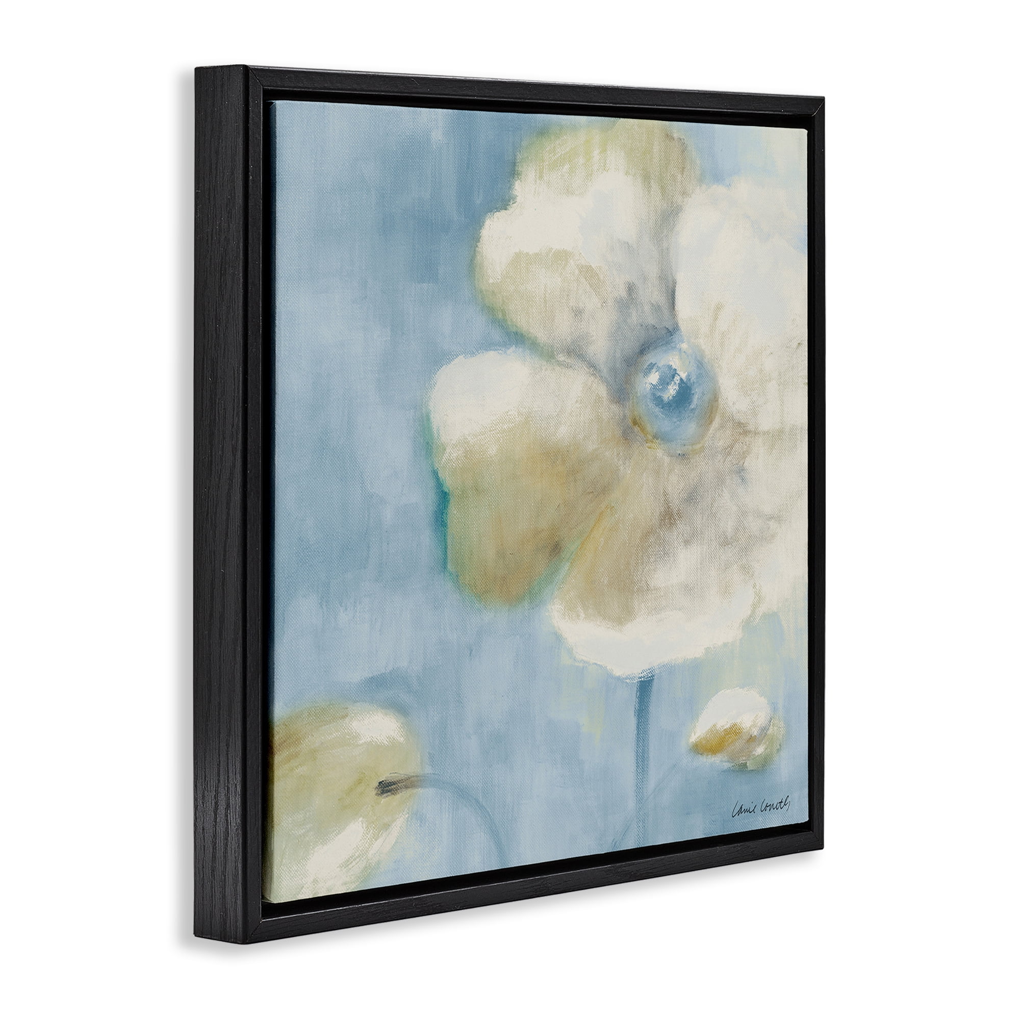 Stupell Industries White Blossom on Blue Botanical & Floral Painting Black Floater Framed Canvas Art Print Wall Art, 18 x 18