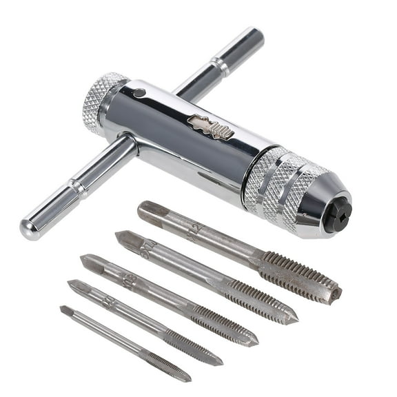 Adjustable T-Handle Ratcheting Tap Wrench Thread Tap Handle Kit with 5pcs M3-M8 Machine Screw Thread Metric Plug Tap
