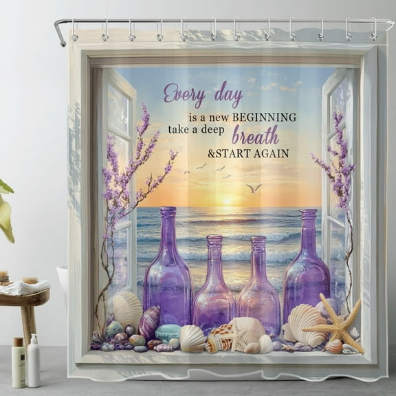 HVEST Summer Beach Coastal Shower Curtain Inspirational Quotes and Purple Floral Shower Curtain - Starfish Seashell Bathroom Decor, Waterproof Polyester Fabric, Includes 12 Hooks, 72x72 Inches