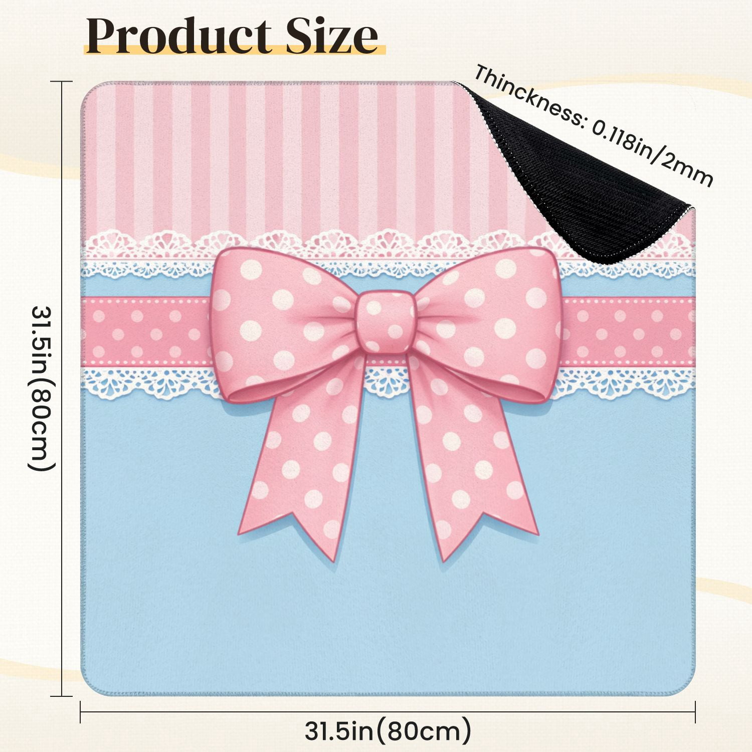 Mahjong Mat 31.5" x 31.5" Pink Polka Dot Bow Lace Trim Blue Pink Striped Non-Slip Noise Reduction Mahjong Tiles Table Cover for Dominoes Poker Card Board and Tile Games
