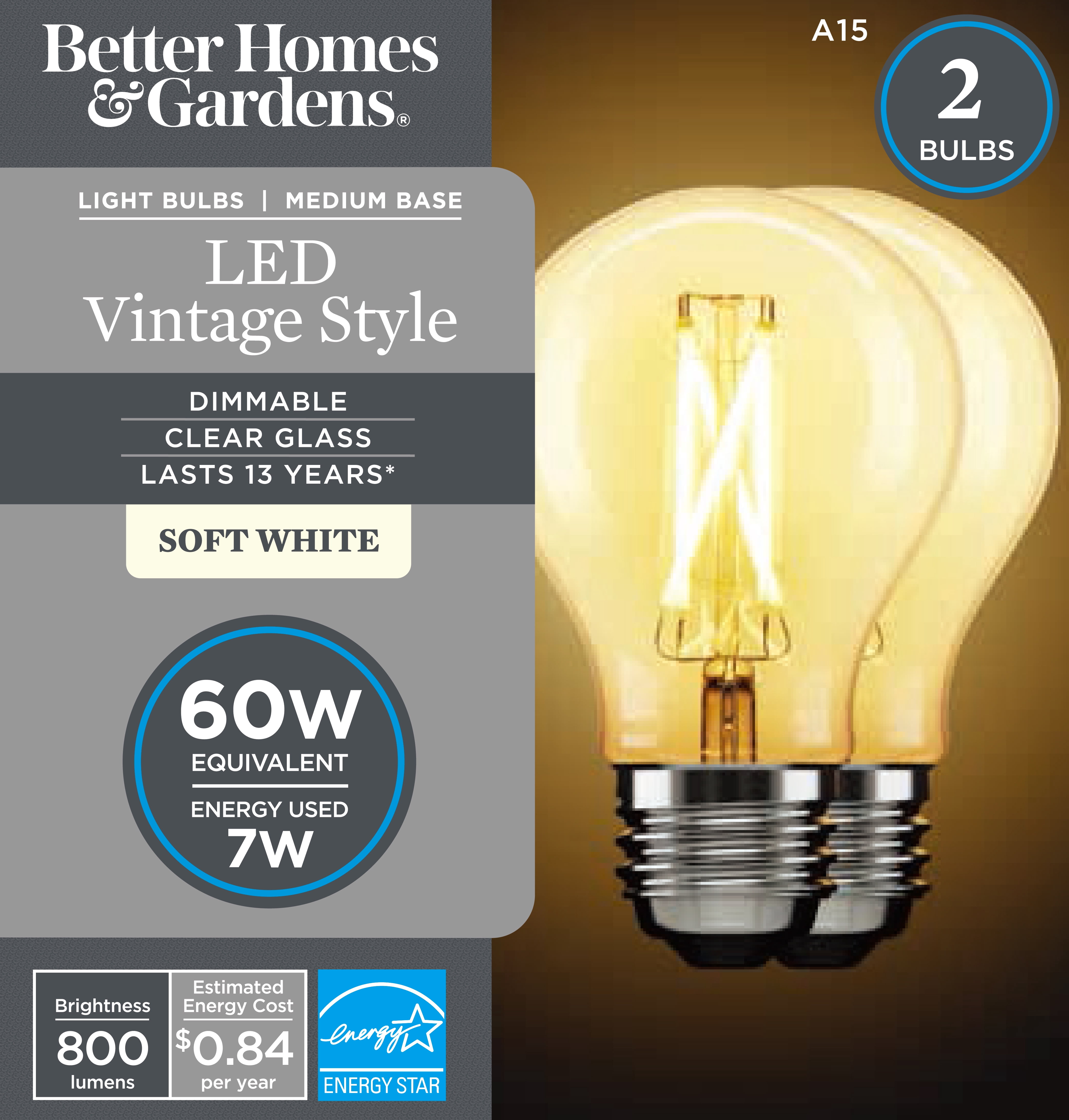 BH&G LED Ceiling Fan Bulb, 7 Watts (60W Equivalent) A15 Shape E26 Medium Base, Dimmable, Soft White, 2 Pack