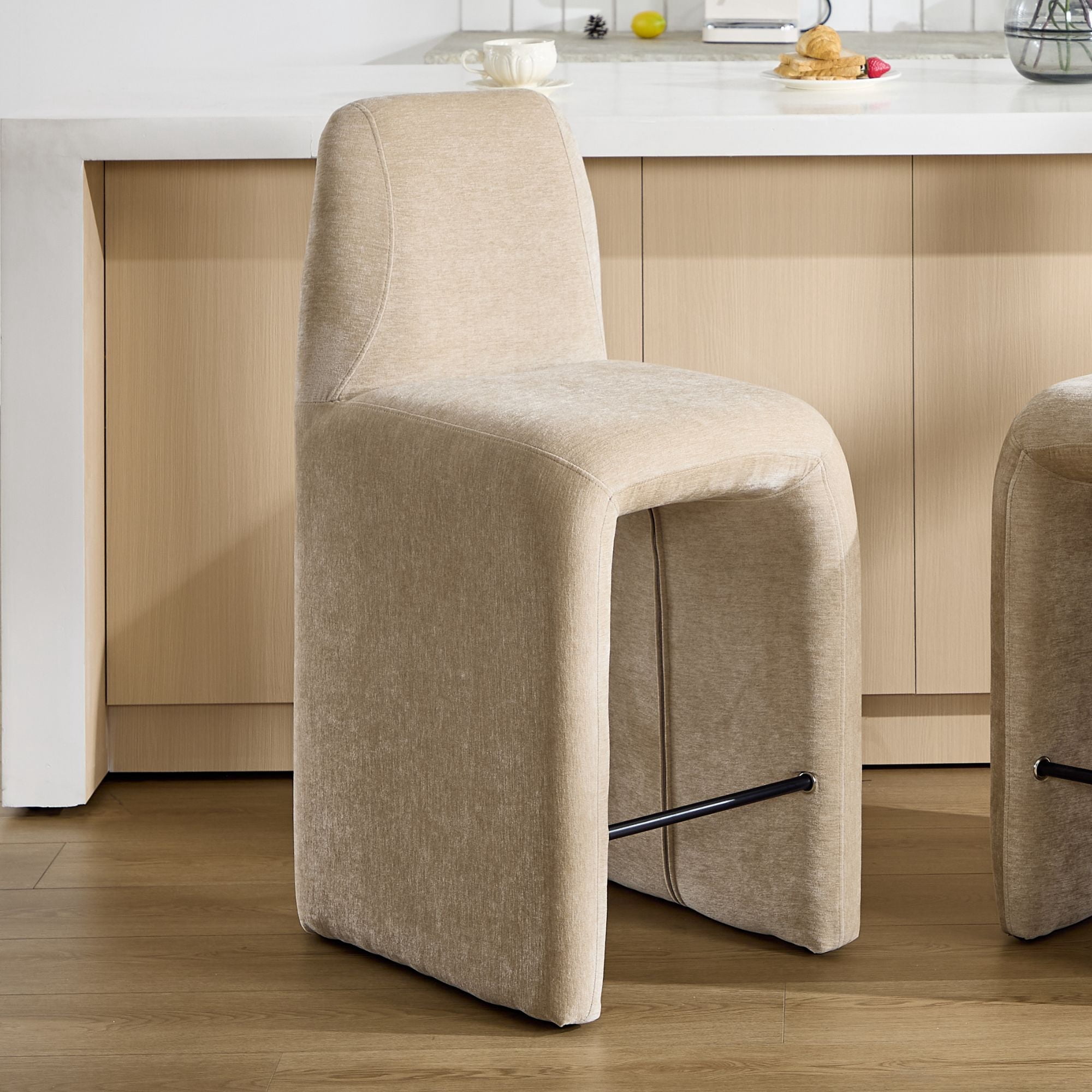 Dayalane Modern Bar Stool, 26" Upholstered Leather Chenille Height Stools with Back Support, Armless Kitchen Island Chair Side Stool with Footrest, No Assembly Required, Khaki