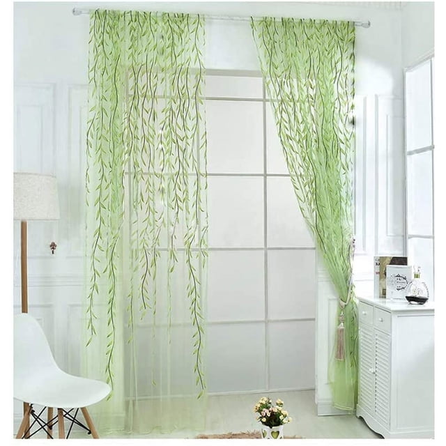 Nvzi Rely2016 2 Pieces Willow Window Curtain Voile Tulle Room Salix Leaf Sheer Gauze Curtain Voile Panel Drapes Curtain Green Color for Living Room, Bedroom, Balcony (100 x 200cm)