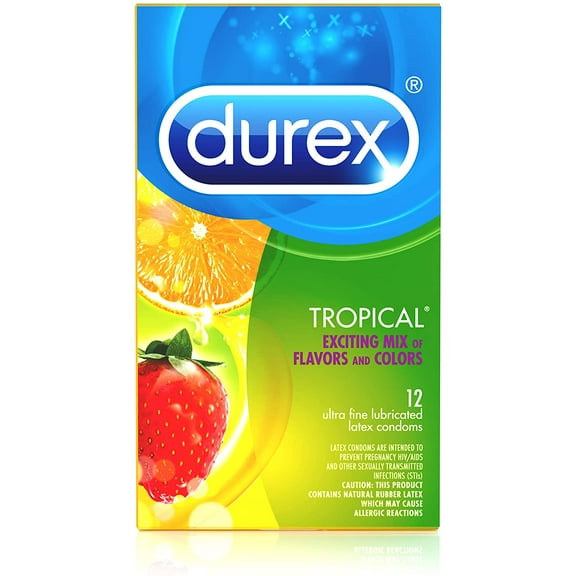 Durex Tropical Flavors Flavored Premium Condoms, 12 Count