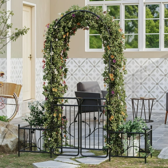 Uforic 87" Metal Garden Arbor Arch with Gate and Planter Boxes, Garden Trellis for Climbing Plants, Patio Wedding Party Lawn Arches Decoration, Black