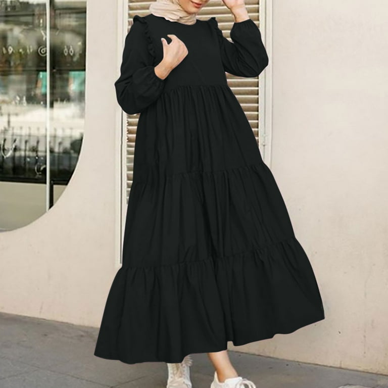 Autumn Linen Maxi Dress for Women Long Sleeve Crewneck Ruffle Long