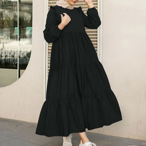 Ashirexll Women's Plus Size Bohemian Dresses, Round Neck Long Sleeve Ankle-Length Dress, Summer Casual Cotton and Linen Maxi Dress, Ruffled Big Swing Long Dress Black M