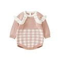 thumbnail image 1 of Seyurigaoka Infant Baby Girls Knitted Romper Tops Long Sleeve Crew Neck Plaid Print Frill Trim Bodysuit Cute 0-18 Months Baby Autumn Winter Playsuits, 1 of 9