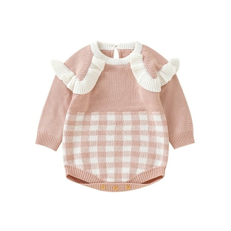 

Baby Knitted Romper Long Sleeve Plaid Print Frill Trim Bodysuit