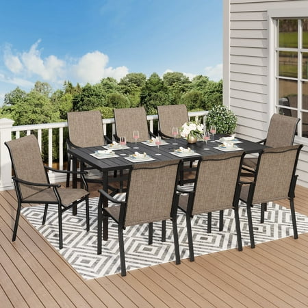 9-Piece Outdoor Patio Dining Set with High-Back Sling Chairs & 83 Large Table with Umbrella Hole for 8-Person Black & Brown-Gray