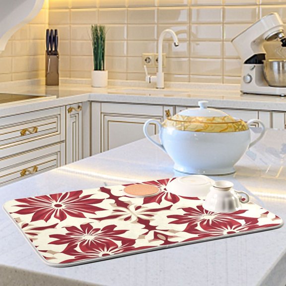 Red Floral Pattern Dish Drying Mats for Kitchen Counter Absorbent Microfiber Coffee Pad