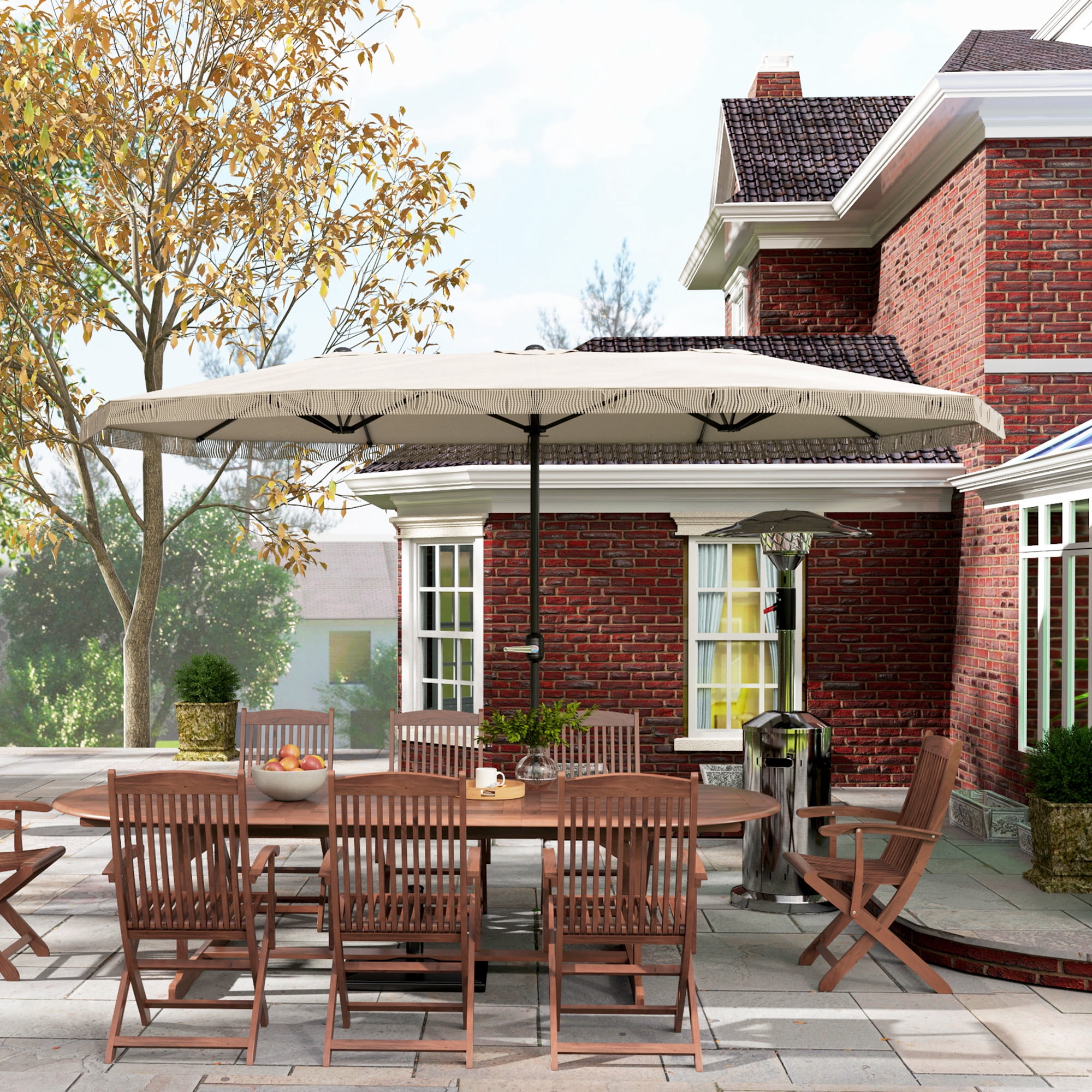 Outsunny 15ft Extra Large Patio Umbrella, UPF30+ Double-sided Rectangle Umbrella with Easy Crank Handle, 2 Vents for Garden Pool Lawn, Cream White