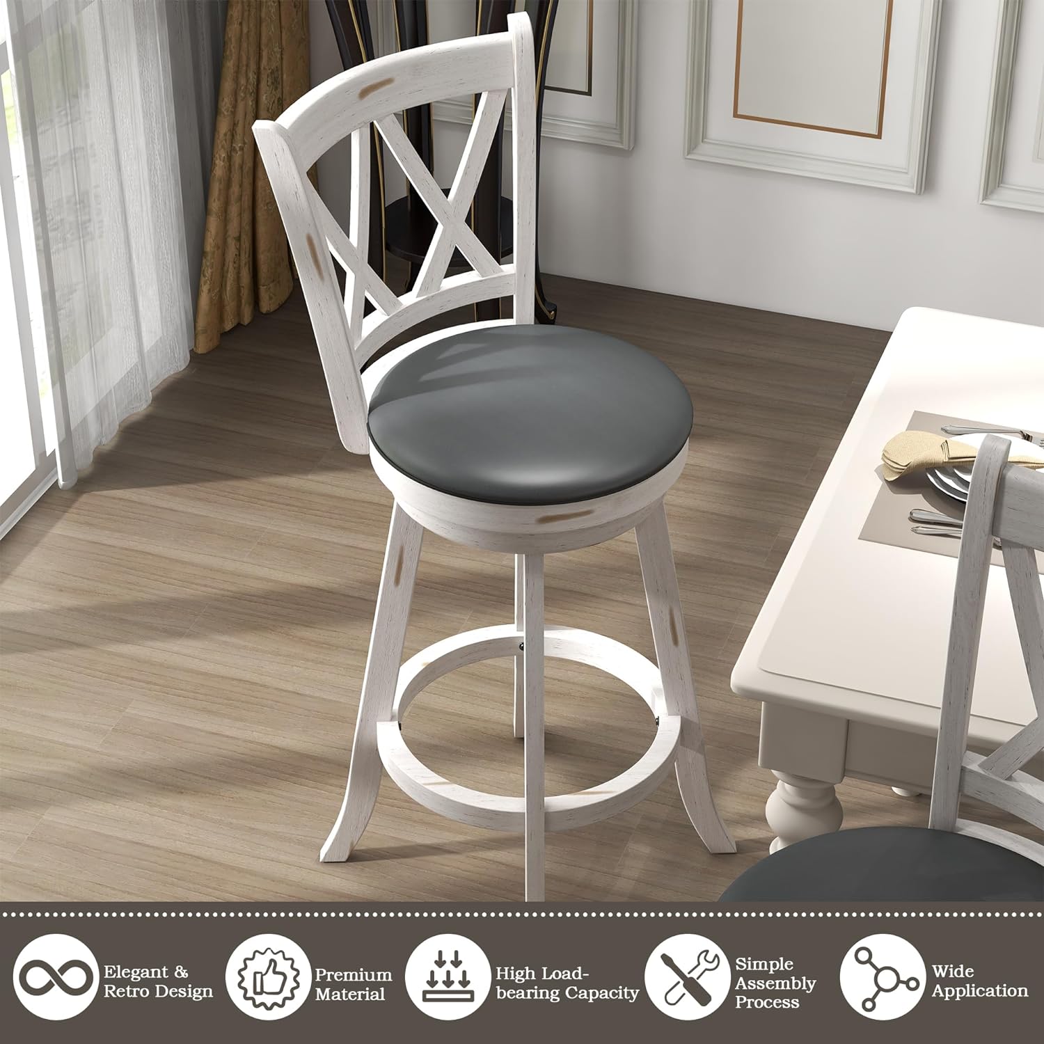 Tolead 2 Piece 29" Swivel Bar Stools with Double X-Back, Upholstered 360 Degree Swivel Dining Chair with PVC Cushioned Seat, White - image 3 of 7