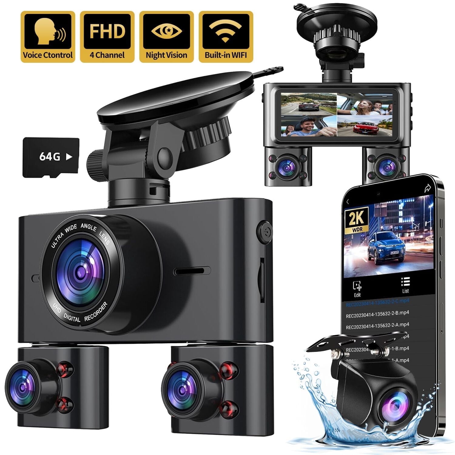 HUPEJOS Dash Cam 4 Channel, 360° Car Camera with 64GB Card, Voice Control, 2K/1080P Mini Dashcam for Car Front and Rear Inside, 8 IR Night Vision, WiFi & APP Supported, Parking Mode, 3.16" IPS Screen
