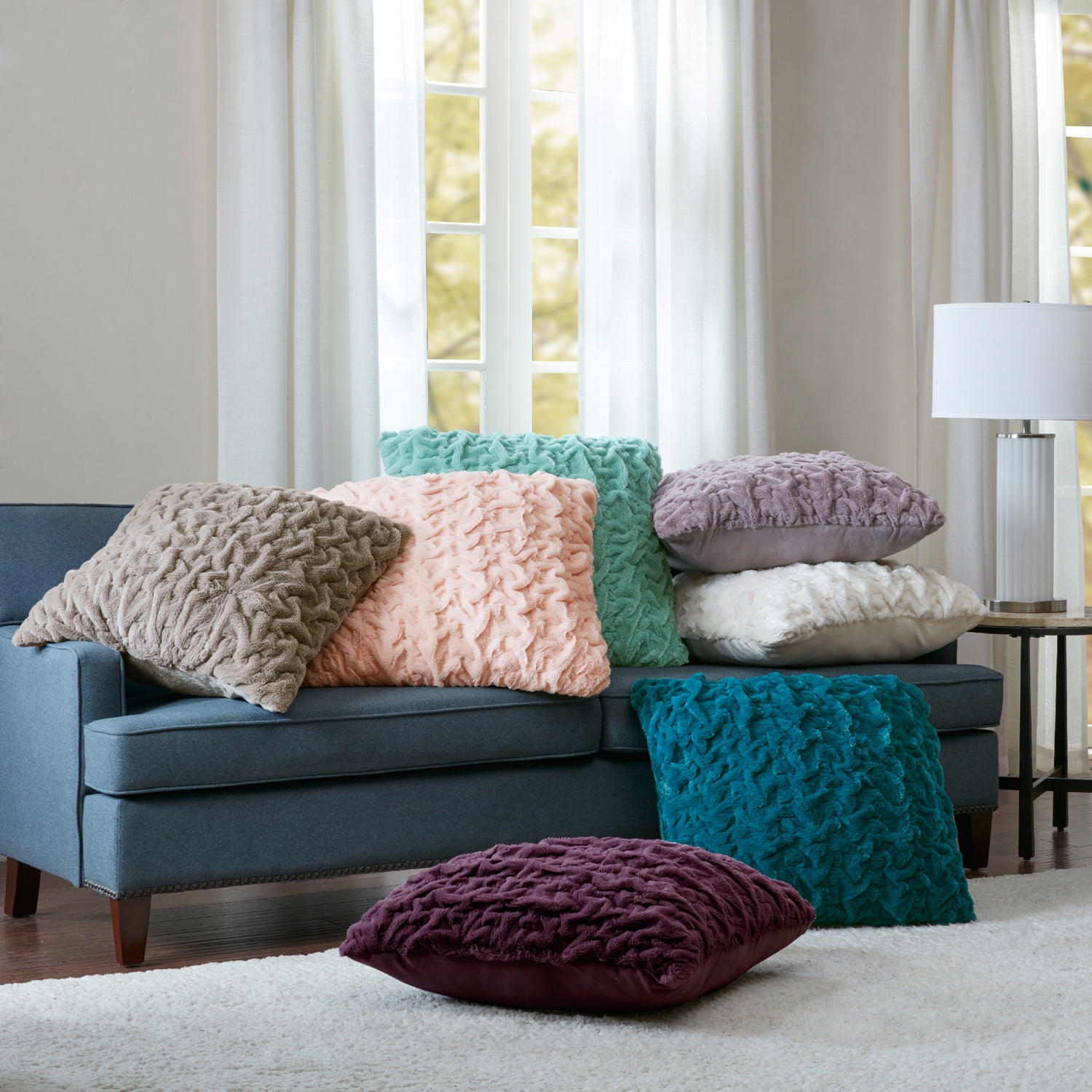 Home Essence Ruched Fur Euro Pillow, Aqua, 25x25"