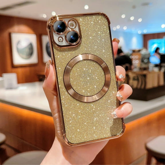 Magnetic Case for iPhone 15, [Compatible with MagSafe] Non-Yellowing Glitter Shining Paper Clear Case for Women Girls, Rugged Shockproof Protection Phone Cover for iPhone 15, Gold