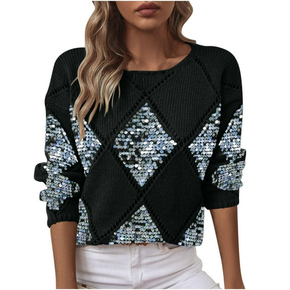 QSAWXQZ Women's Argyle Knit Sweater Sequin Hollow Out Crew Neck Long Sleeve Solid Pullover Top Black S