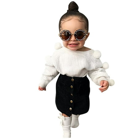 

Toddler Kids Baby Girls Autumn Hairball Knit Tops Solid Skirt Outfits
