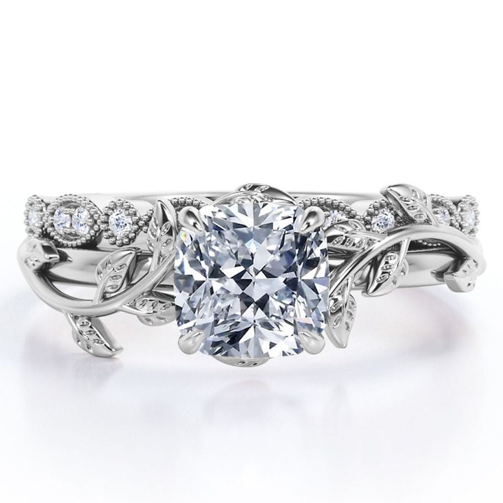 JeenMata Filigree Art Deco 1.25 Carat Cushion Cut - Wreath Leaf Wedding Set - 18K White Gold Plating over Silver