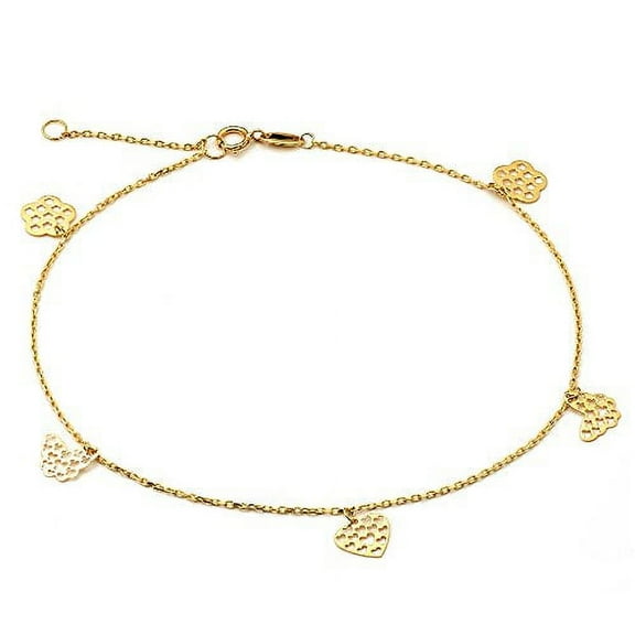 LOVEBLING 10K Yellow Gold .50mm Diamond Cut Rolo Chain w/Flower, Butterfly, Heart pendants Anklet Adjustable 9"-10" (#13)