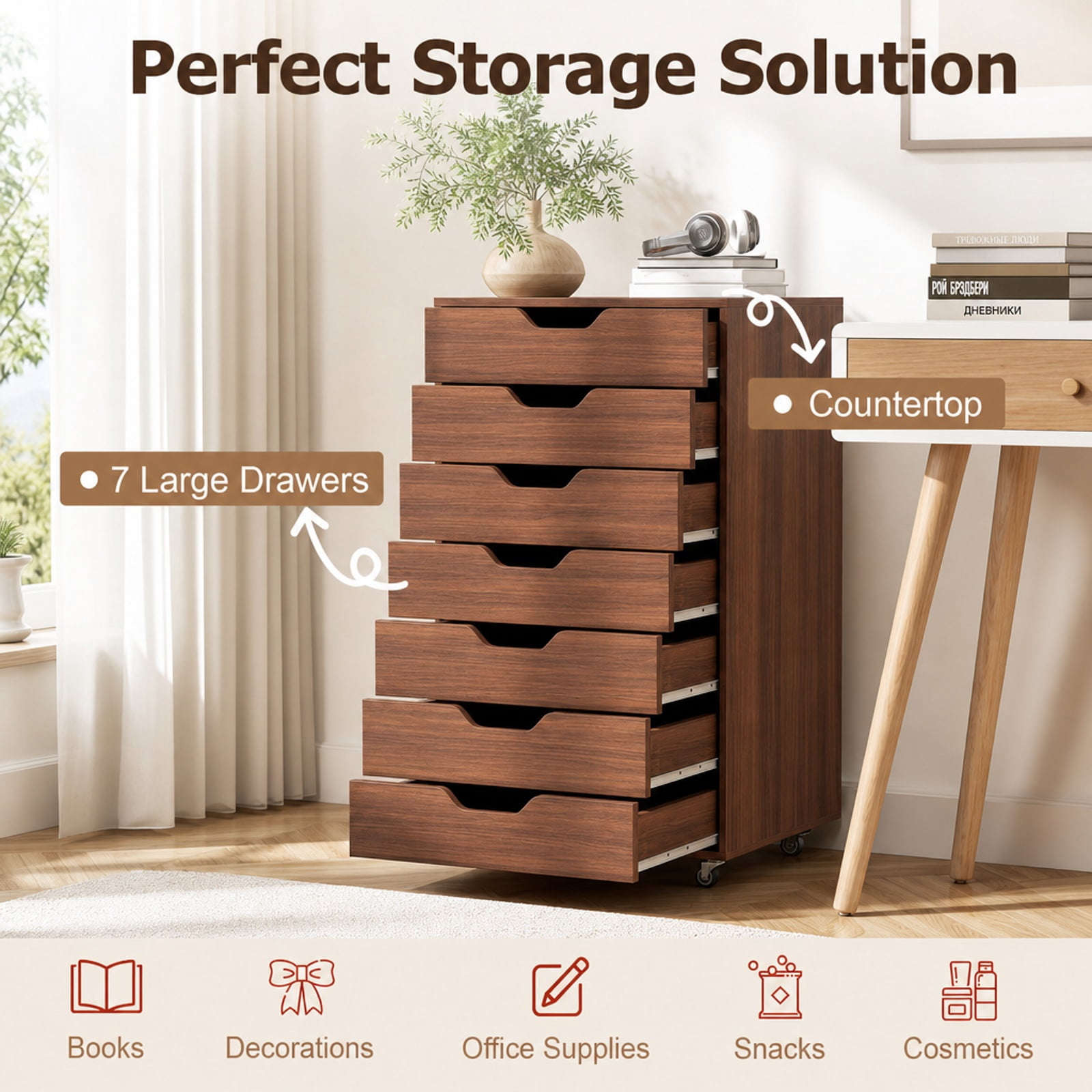 Furnibear 7-Drawer Chest Wooden Storage Dresser with Lockable Wheels for Home Office Filing Document Letter Legal Storage, Walnut