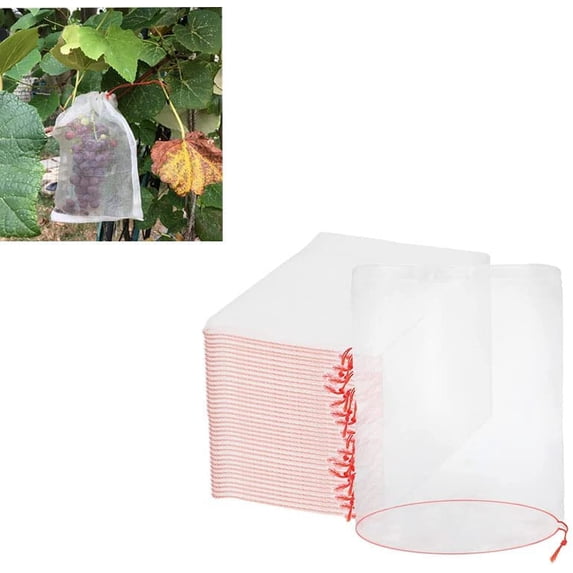 MOYISHI 100 Fruit Protection Bags, Reusable Netting Bags 7.9 x 11.8 Inch Mosquito Bug Insect Bird Nylon Net Barrier Bag with Drawstring for Protecting Plant Fruits Flower and Vegetables