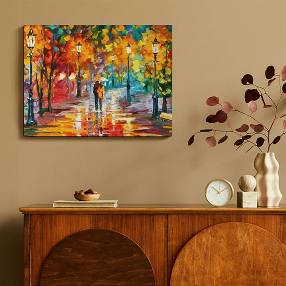 Hidden Frame Canvas Wall Art - Impressionist Oil Painting Style Autumn Colorful Leaves Rainy Street Couple Romantic Popular Wall Decor for Living Room & Bedroom 16x12in
