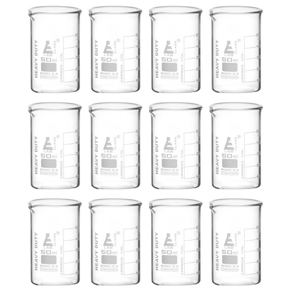 12PK Heavy Duty Beakers, 50ml - 5mm Thick, Uniform Walls - Superior Durability & Chemical Resistance - White Graduations - Borosilicate 3.3 Glass - Eisco Labs