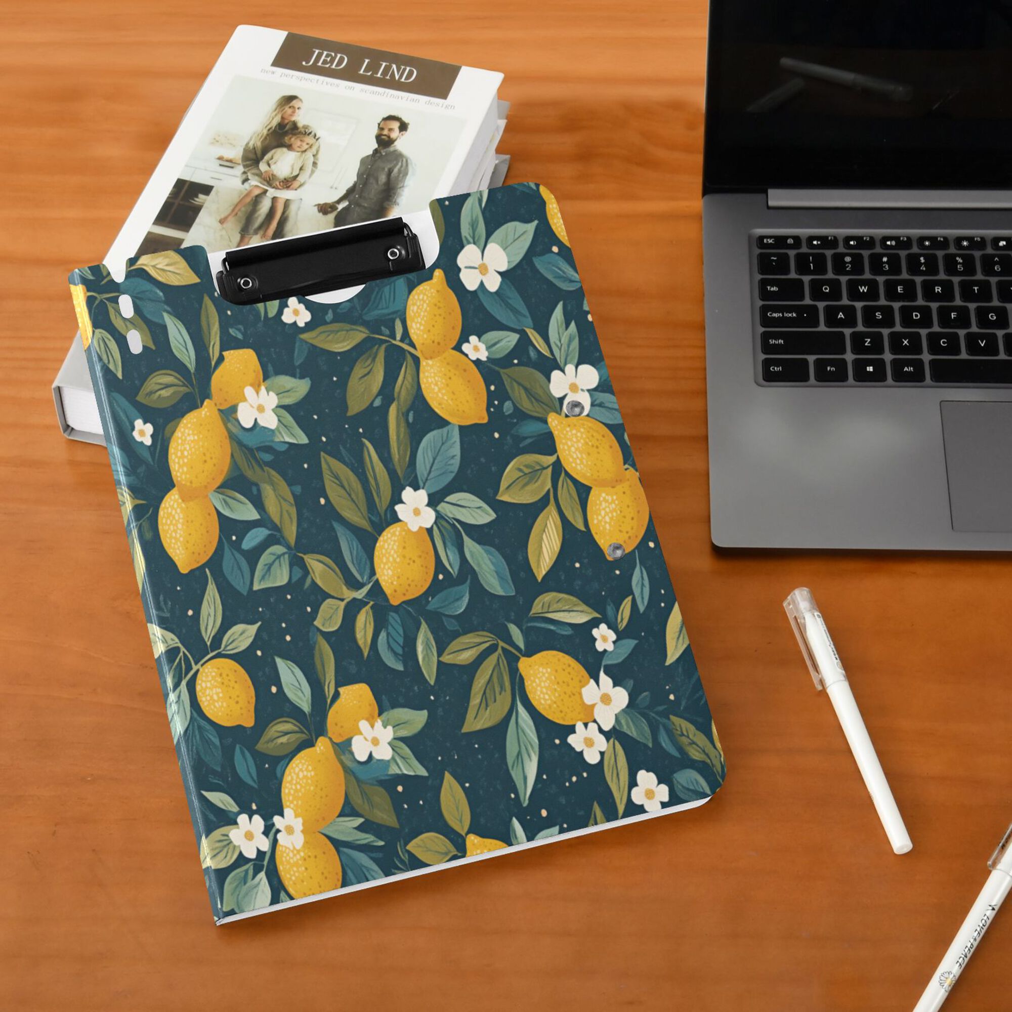 FORMRS A4 Clipboard Folder with Pen Holder Horizontal Foldable School Office Binder, Blue Lemons