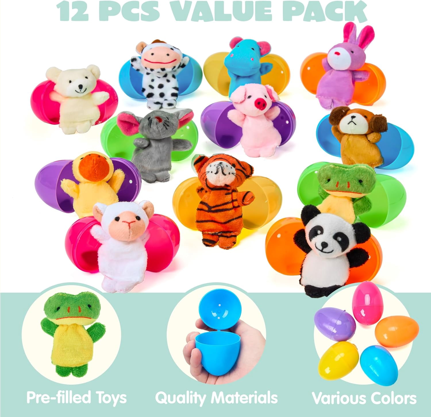 12 Prefilled Easter Eggs with Finger Puppet Toys, Plastic Easter Basket Stuffers for Toddlers and Babies, Easter Party Favors